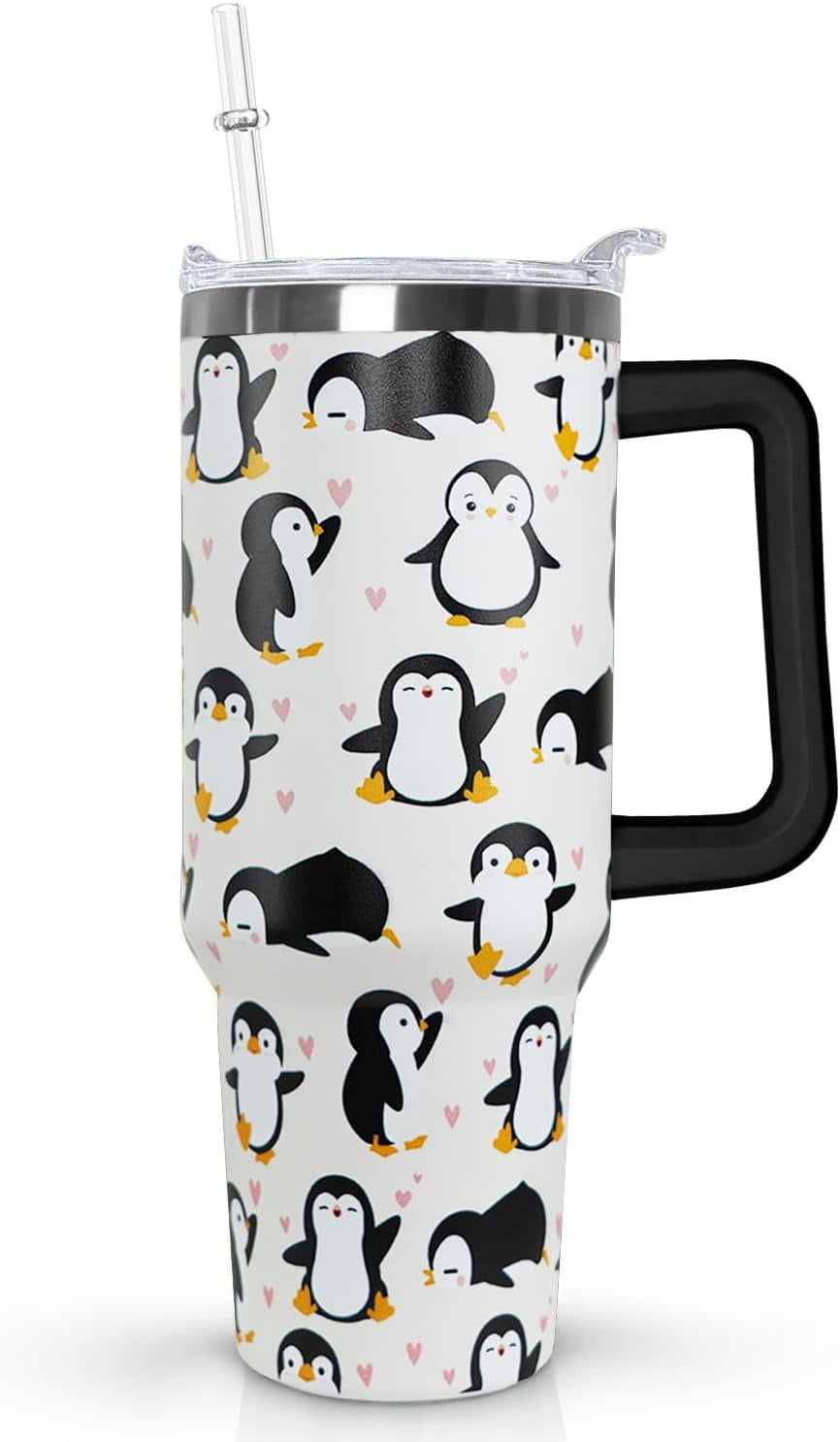 40 Oz Penguin Tumbler With Handle,Penguin Coffee Travel Mug Cup Water