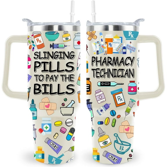 40 Oz Pharmacy Technician Gift Tumbler - Insulated Stainless Steel Travel Mug with Handle - Coffee Cup for Women & Men (Pharmacy Tech Day Gifts)
