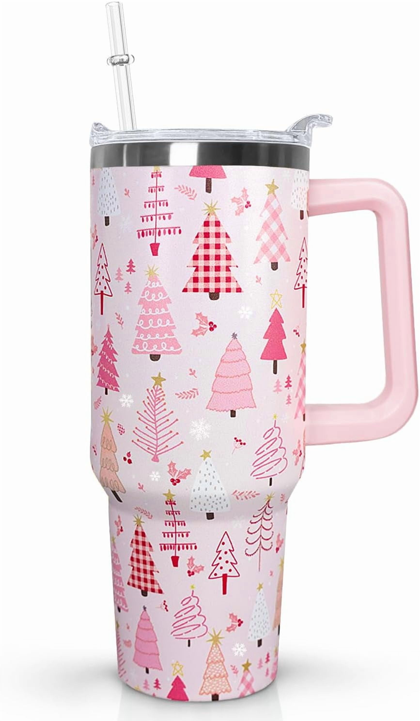 40 Oz Pink Christmas Tree Tumbler With Handle,Christmas Tree Coffee Travel Mug Cup,Christmas Decor,Christmas Gifts for Women