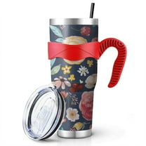 40 Oz Pioneer Tumbler with Handle and Silicone Straws,Colorful Floral Double Wall Vacuum Insulated Stainless Steel Travel Mug Leak-Proof Coffee Cup on Screw Lid and Straw