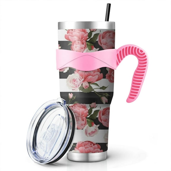 40 Oz Pioneer Tumbler with Handle and Silicone Straws,Colorful Floral Double Wall Vacuum Insulated Stainless Steel Travel Mug Leak-Proof Coffee Cup on Screw Lid and Straw
