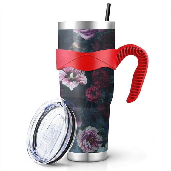 40 Oz Pioneer Tumbler with Handle and Silicone Straws,Colorful Floral Double Wall Vacuum Insulated Stainless Steel Travel Mug Leak-Proof Coffee Cup on Screw Lid and Straw