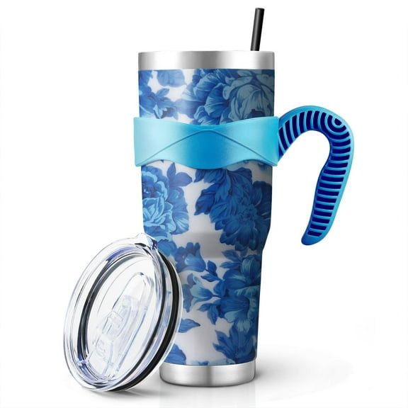 40 Oz Pioneer Tumbler with Handle and Silicone Straws,Colorful Floral Double Wall Vacuum Insulated Stainless Steel Travel Mug Leak-Proof Coffee Cup on Screw Lid and Straw