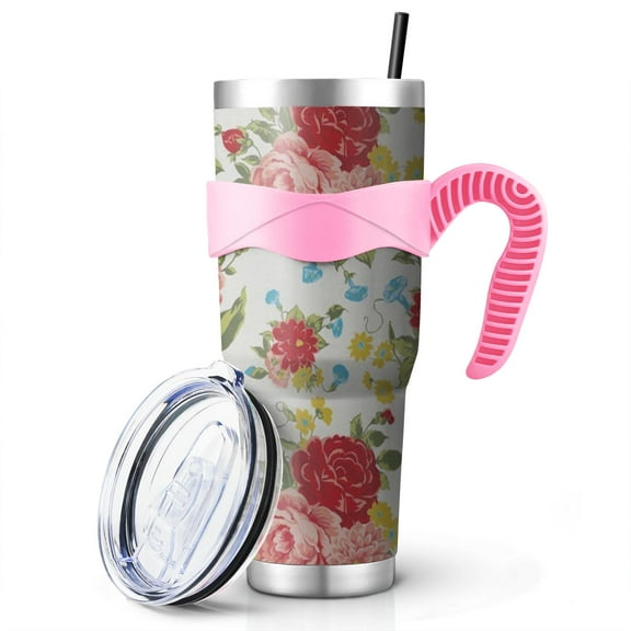 40 Oz Pioneer Tumbler with Handle and Silicone Straws,Colorful Floral Double Wall Vacuum Insulated Stainless Steel Travel Mug Leak-Proof Coffee Cup on Screw Lid and Straw