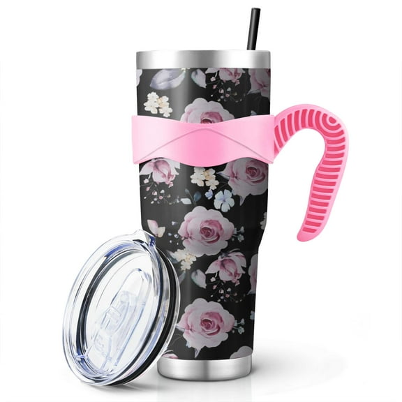 40 Oz Pioneer Tumbler with Handle and Silicone Straws,Colorful Floral Double Wall Vacuum Insulated Stainless Steel Travel Mug Leak-Proof Coffee Cup on Screw Lid and Straw