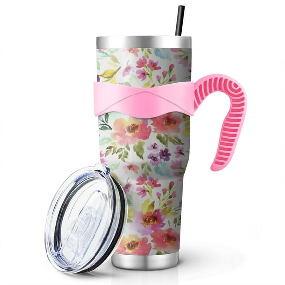 40 Oz Pioneer Tumbler with Handle and Silicone Straws,Colorful Floral Double Wall Vacuum Insulated Stainless Steel Travel Mug Leak-Proof Coffee Cup on Screw Lid and Straw