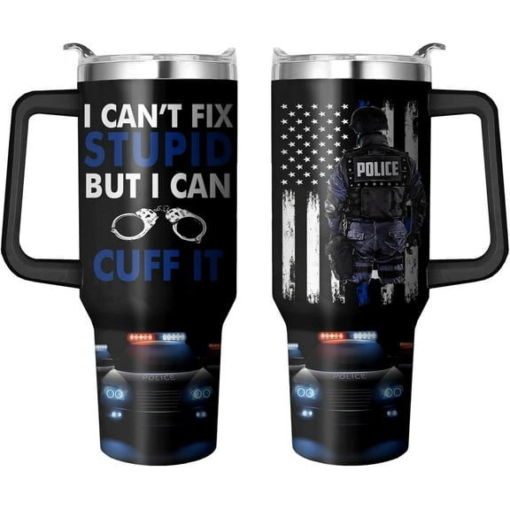 40 Oz Police Tumbler with Handle and Straw, Stainless Steel Insulated American Policeman Cups Gifts for Police Officer Dad Men Retirement Birthday