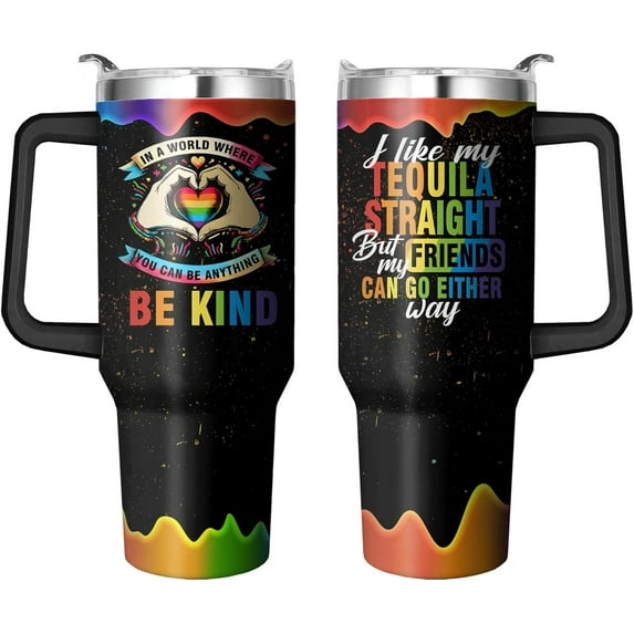 Rainbow Pride Flag Tumbler, Retro Be You Travel Mug, Gay Pride Cups Lesbian Gifts for Women Men, 40 Oz Stainless Steel Tumbler With Handle & Straw, LGBTQ Awareness Month Gifts