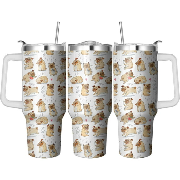 40 Oz Pug Tumbler with Handle and Straw, Double Wall Stainless Steel Pug Cup, Dog Mom Coffee Mug Keeps Drinks Cold & Hot Gifts for Women Mom Friends for Birthday, Chrismas, Thanksgiving
