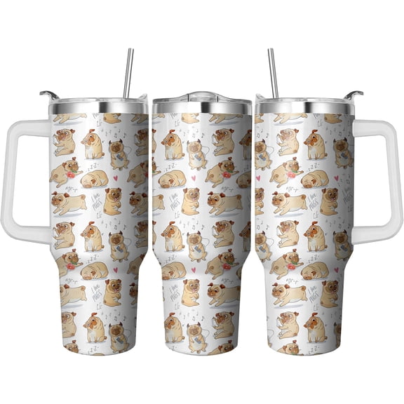 40 Oz Pug Tumbler with Handle and Straw, Double Wall Stainless Steel Pug Cup, Dog Mom Coffee Mug Keeps Drinks Cold & Hot Gifts for Women Mom Friends for Birthday, Chrismas, Thanksgiving