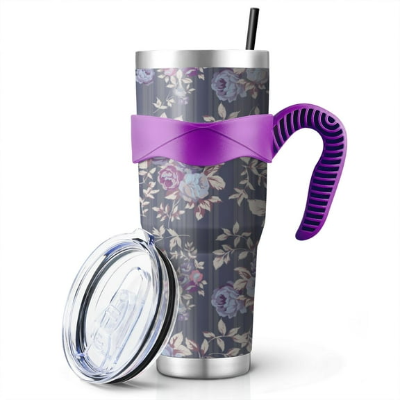 40 Oz Purple Rose Gray Image Tumbler with Handle and Silicone Straws,Pioneer Double Wall Vacuum Insulated Stainless Steel Travel Mug Leak-Proof Coffee Cup on Screw Lid and Straw Purple