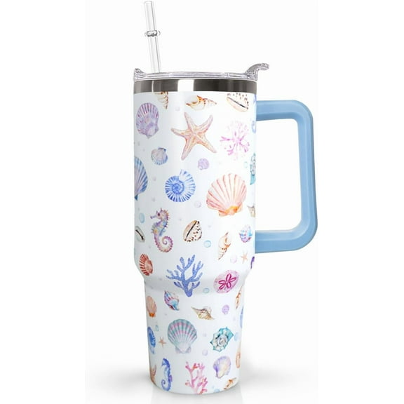 40 Oz Rainbow Seashells Tumbler with Handle Lid and Straw,Watercolor Ocean Cup,Water Bottle,Travel Coffee Mug,Hawaiian Rainbow Seashells Decor,Accessorie