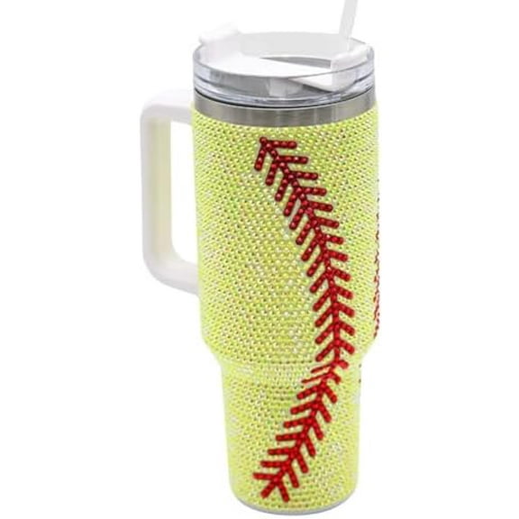 40 Oz Rhinestone Bling Tumbler with Handle and Straw (YELLOW SOFTBALL), Stainless Steel and Double Wall Insulated$$Home Decor, Kitchen, & Other