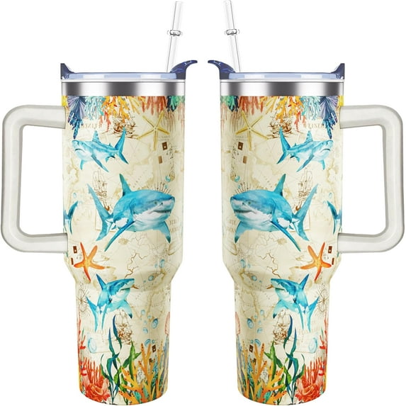 40 Oz Shark Theme Tumbler With Handle Lid Straw Double Insulated Travel Coffee Ocean Mug Womens Shark Cup Gifts