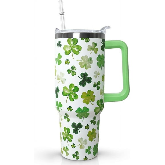 40 Oz St.Patrick's Tumbler With Handle,Green Irish Shamrocks Coffee Travel Mug Cup Water Bottle,St.Patrick''s Day Decor,St.Patrick''s Day Gifts for Women
