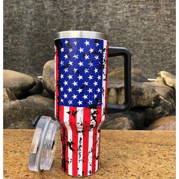40 Oz Stainless Steel Travel Mug with Handle - USA Flag Insulated Tumbler - Navy Military - Black Handle