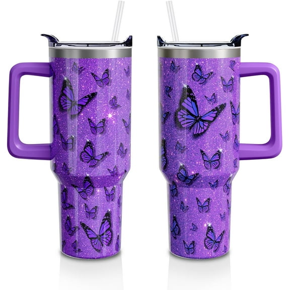 40 Oz Stainless Steel Tumbler with Handle and Straw Lid - Insulated Water Bottle for Hot & Cold Drinks | by Butterfly Gifts