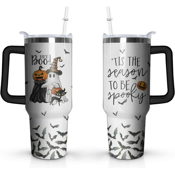 40 Oz Stainless Steel Tumbler with Handle and Straw Lid, Keeps Drinks Cold & Hot, Halloween Themed Thanksgiving Gift