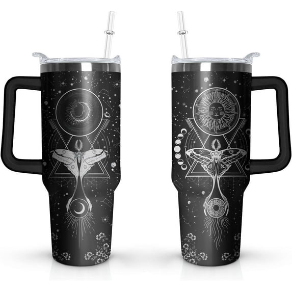 40 Oz Sun and Moon Ghost Stainless Steel Tumbler with Handle Halloween Double Wall Vacuum Insulated Travel Mug Flower Vine Moth Leak-Proof Coffee Cup on Screw Lid and Straw