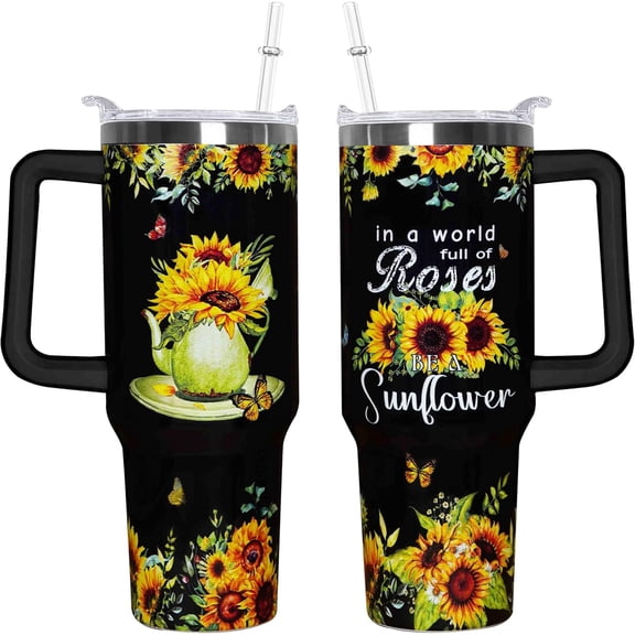 40 Oz Sunflower Tumbler With Handle - 40oz Double Insulated Travel Coffee Mug With Lid and Straw - Sunflower Gifts For Women