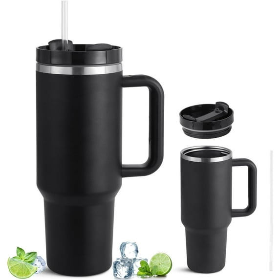 40 Oz Tumbler with Handle and Straw Lid, Stainless Steel Tumblers 40oz Vacuum Insulated, 2-in-1 Lid Tumbler for Hot and Cold Beverages, Travel Mug for Car, Camping, Black