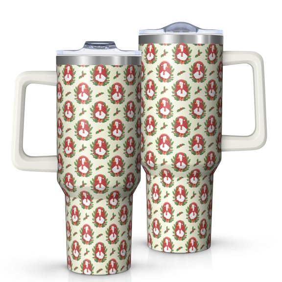 40 Oz Tumbler with Handle,Tumbler with Lid,Double Wall Insulated Cup Stainless Steel Travel Mug,Water Bottle for Iced Tea,Coffee,Cold Beverages,Christmas Santa Duck Holly Beige Pattern