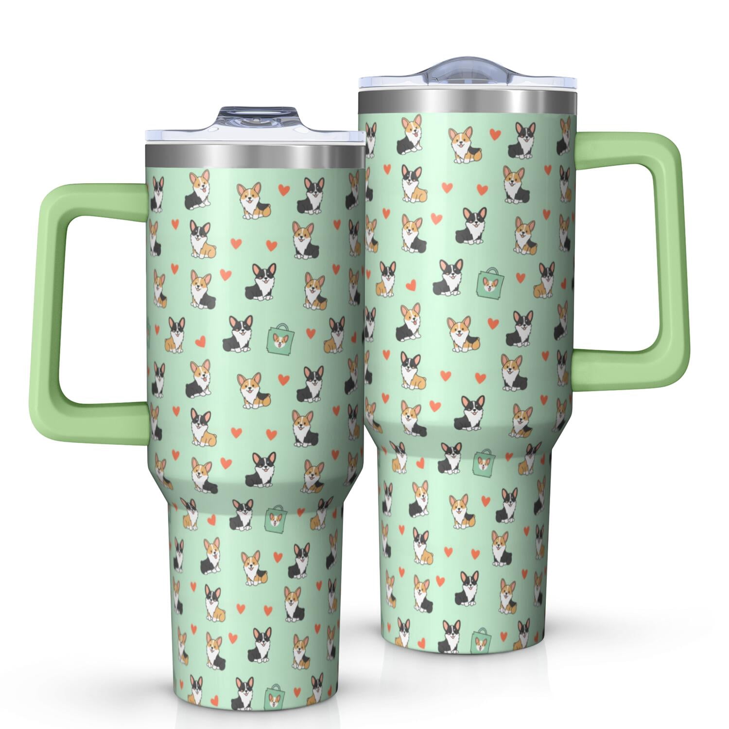 40 Oz Tumbler with Handle,Tumbler with Lid,Double Wall Insulated Cup Stainless Steel Travel Mug,Water Bottle for Iced Tea,Coffee,Cold Beverages,Corgi Shopping Green Pattern