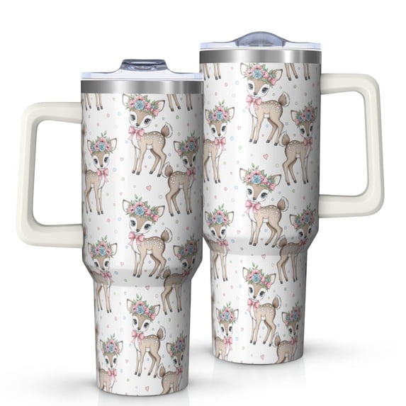 40 Oz Tumbler with Handle,Tumbler with Lid,Double Wall Insulated Cup Stainless Steel Travel Mug,Water Bottle for Iced Tea,Coffee,Cold Beverages,Deer Floral Crown Pink White Pattern
