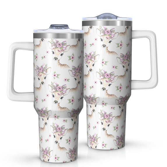 40 Oz Tumbler with Handle,Tumbler with Lid,Double Wall Insulated Cup Stainless Steel Travel Mug,Water Bottle for Iced Tea,Coffee,Cold Beverages,Deer Floral Crown White Pattern