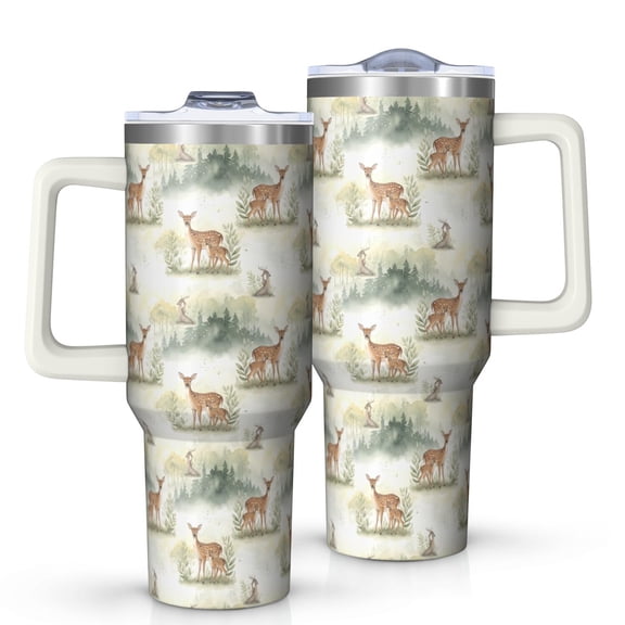 40 Oz Tumbler with Handle,Tumbler with Lid,Double Wall Insulated Cup Stainless Steel Travel Mug,Water Bottle for Iced Tea,Coffee,Cold Beverages,Deer Forest Watercolor White Pattern