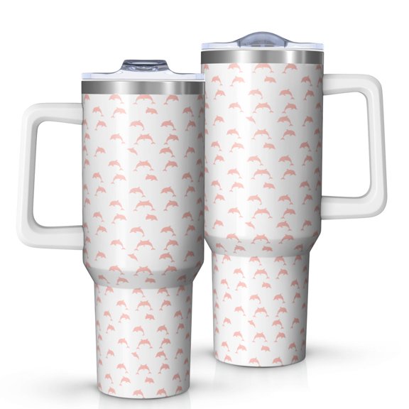 40 Oz Tumbler with Handle,Tumbler with Lid,Double Wall Insulated Cup Stainless Steel Travel Mug,Water Bottle for Iced Tea,Coffee,Cold Beverages,Dolphin Silhouette Pink Pattern