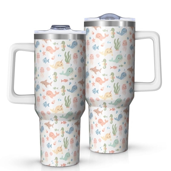 40 Oz Tumbler with Handle,Tumbler with Lid,Double Wall Insulated Cup Stainless Steel Travel Mug,Water Bottle for Iced Tea,Coffee,Cold Beverages,Whale Marine Animal Unicorn White Pattern