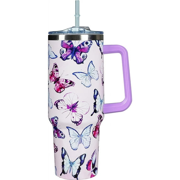 40 Oz Tumbler With Handle 40oz Purple Butterfly Tumbler With Lid Straw Double Insulated Travel Coffee Mug Butterfly Gifts For Women