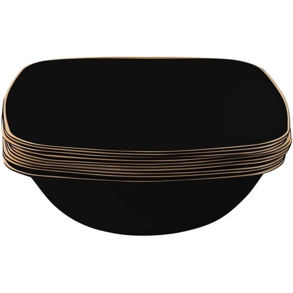 (40 PACK) EcoQuality 16 oz Black Plastic Square Bowls with Gold Rim - Disposable Plastic Soup Bowls, Heavy Duty Plastic Salad Bowls, Dessert Bowl for Baby Showers, Weddings, Birthday Party