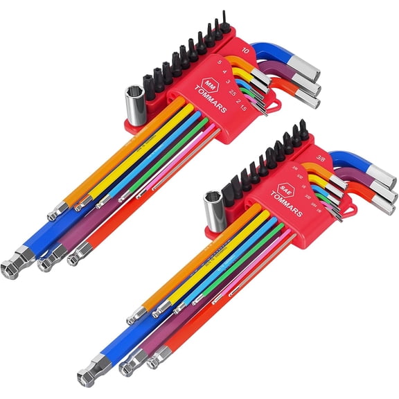 40-PC Magnetic Ball End Allen Wrenches Set,Color Coded and Extra Long Arm Hex Key Set SAE(1/16''-3/8") Metric(1.5mm-10mm) With Screwdriver Bit Set and Adapter