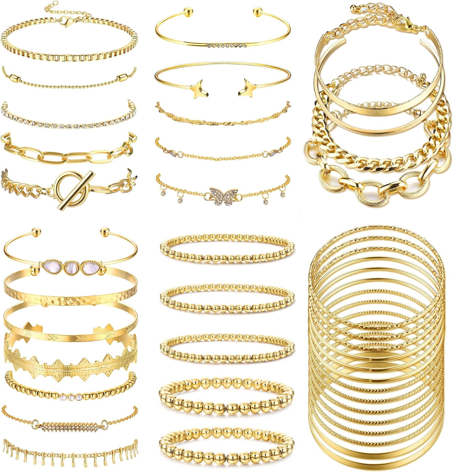 QIAN MENG DAN CO., LTD 40 PCS (6 Pack) Gold Stackable Chain Bracelets Set for Women Boho Stackable Y2K Chain Layered Multipack Bangles Adjustable Paperclip Link Italian Cuban Anklet Bracelet Jewelry 1# Style A 1# Style A {