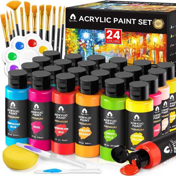 40 PCS Acrylic Paint Set with 12 Brushes, 2 Knives and Palette, 24 Colors (2oz/60ml) Art Craft Paints Gifts for Adults Kids Artists Beginners