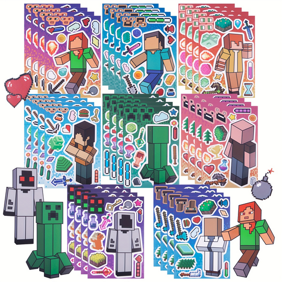 40 PCS Blocky DIY Stickers - 5.8x4.4in Pixel Faces Swap Kit for Dolls, Animals, Mining Tools Creative Gift Box