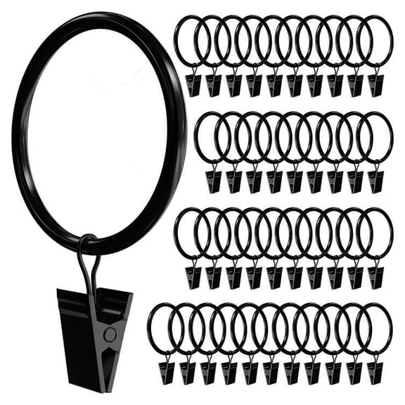 40 PCS Curtain Rings with Clips, Rings Hooks,1.5 Inch Diameter Fits Up to 1.2 Inch Rod,Drapery Rings Black