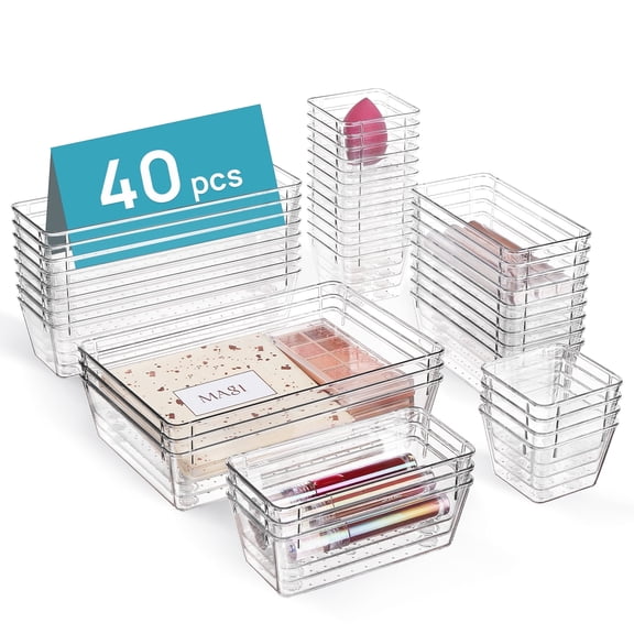 Sindcom 40 PCS Drawer Organizer, 4-Size Clear Plastic Bins Containers, for Bathroom and Vanity Storage