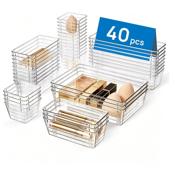 Sindcom 40 PCS Drawer Organizer, 4-Size Clear Plastic Bins Containers, for Bathroom and Vanity Storage