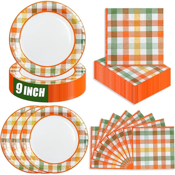 40 PCS Fall Tableware Set Checkered Orange Green Dinnerware Set-9 inch Disposable Paper Plates and Napkins for 20 Guests for Autumn Party Decorations