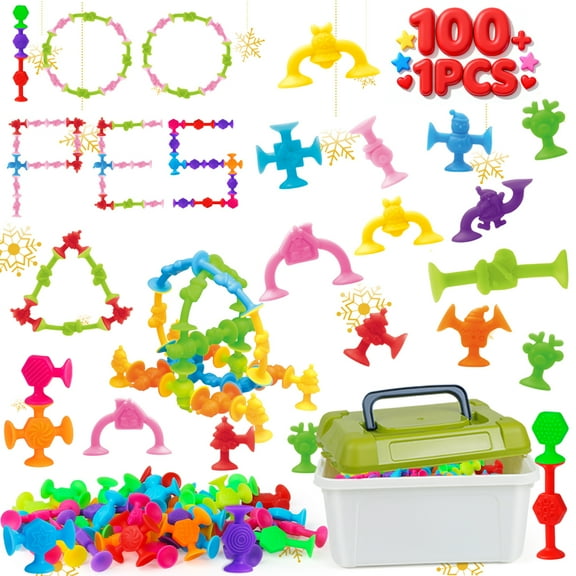 100PCS Baby Suction Cup Toys, Montessori Educational & Sensory Stress Relief Toy Set, Stacking Bath Toys with Storage Box, Birthday Gifts for 3 4 5 Year Old Boys Girls