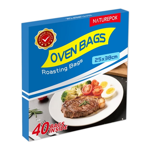 40 PCS Oven Roasting Bags with Ties — 38 x 25cm Heat-Resistant Cooking Bags for Chicken Turkey Meat Fish — Multipurpose Food Safe Oven Bags for Roasting Grilling Meal Prep