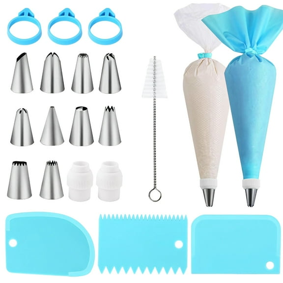 40 PCS Piping Tip and Bag Kit, 1 Reusable TPU and 20 Disposable Piping Bags for Decorating Cakes and Desserts, Diverse Metal Tips, 3 Scrapers, Cleaning Brush