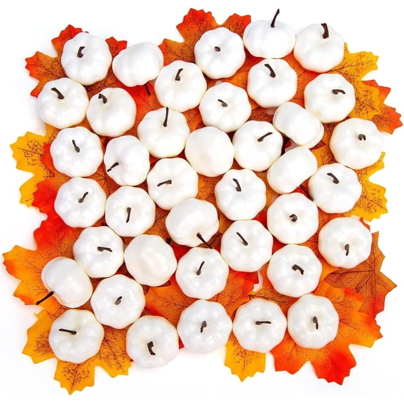 40 PCS White Fake Pumpkins, Mini Pumpkins with Maple Leaves