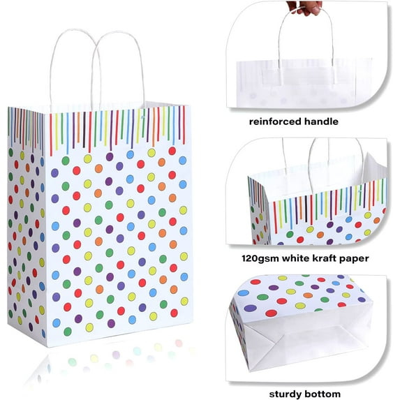 40 PCS White Kraft Paper Bags With Handles - Medium Dots Gift Bags for Birthdays, Weddings, Baby Showers, Party Favors