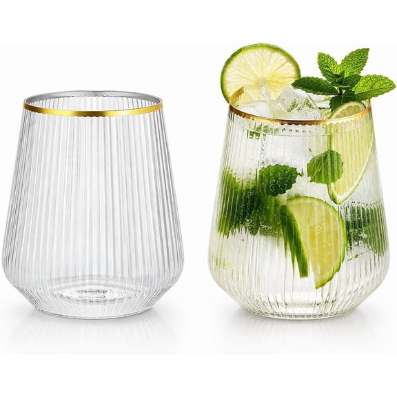 40 Pack 12oz Ribbed Gold Rim Disposable Wine Glasses, Plastic Cocktail Cup
