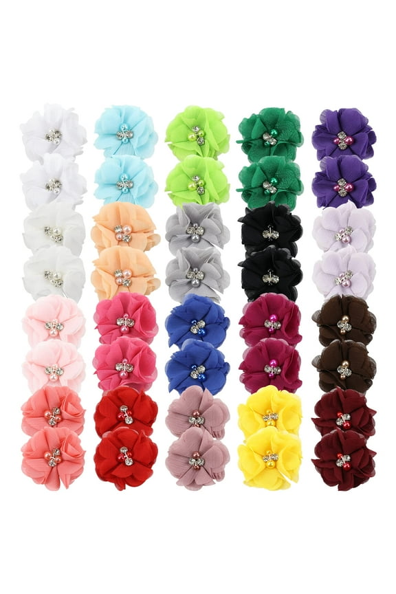 40 Pack/20 Pairs 2" Solid Chiffon Flower with Rhinestones Pearls Ponytail Pigtail Alligator Hair Clips Barrettes 2 Inch Small Floral Bows Accessories for Baby Girls Toddlers Infants Kids Teens