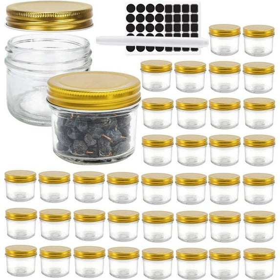 40 Pack 4 oz Glass Mason jars With Regular Gold Lids, Perfect Canning Jars Containers for Jam, Honey, Candies,Wedding Favors, Decorations